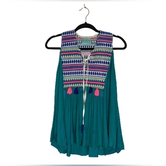 Judith March Tops - Judith March Teal Embroidered Tassel Tank
